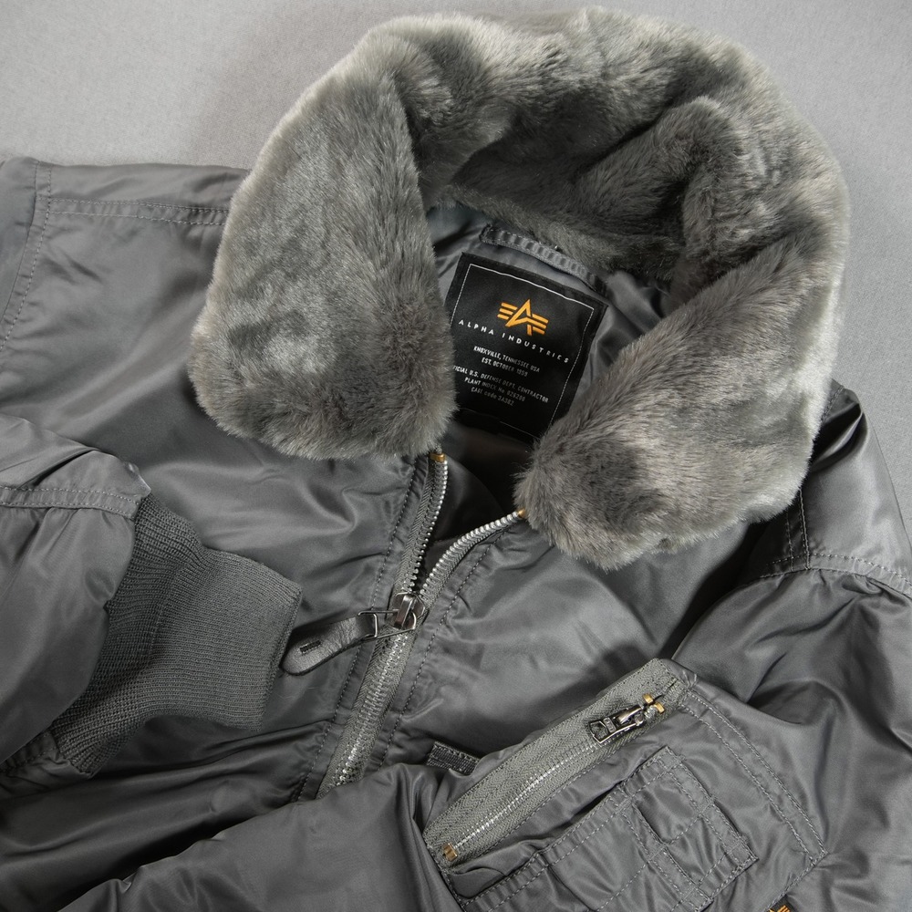 Alpha Industries B-15 Short Waist Faux Fur Flight Bomber Men Jacket M Gunmetal